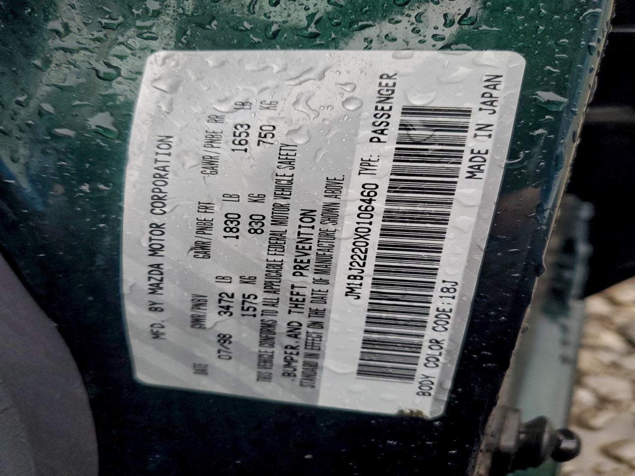 1999 Mazda Protege Dx VIN: JM1BJ2220X0106460 Lot: 94494645