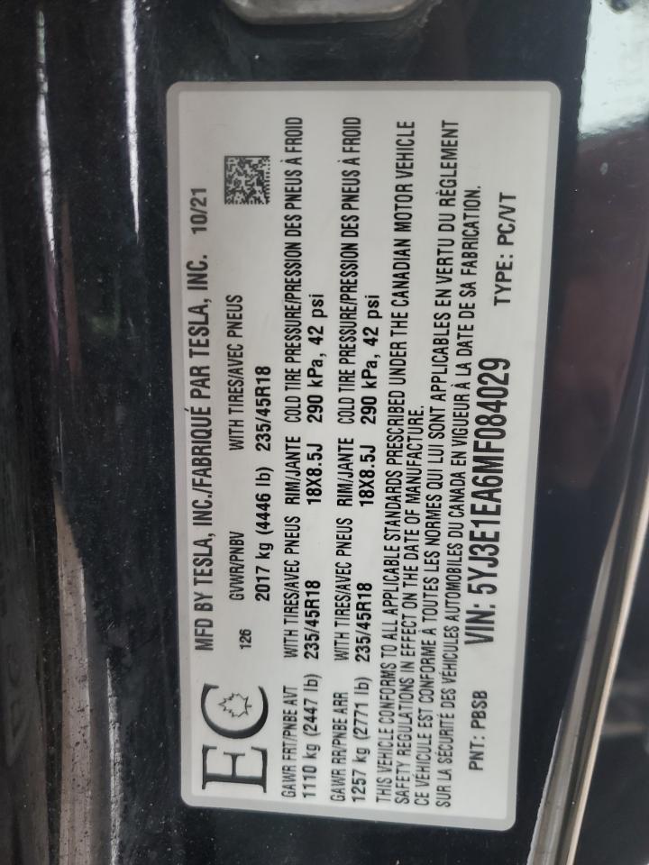 2021 Tesla Model 3 VIN: 5YJ3E1EA6MF084029 Lot: 92096365