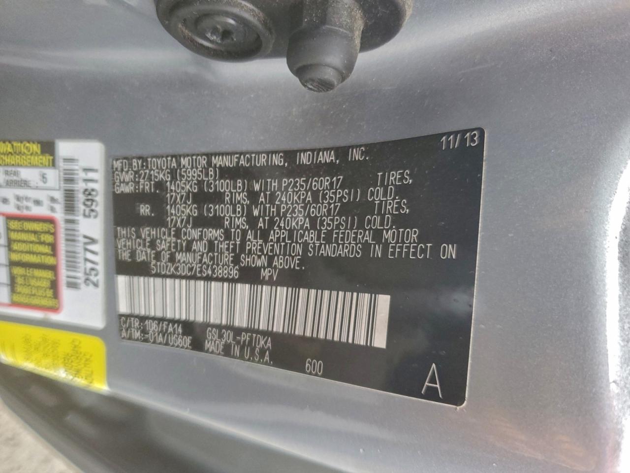 2014 Toyota Sienna VIN: 5TDZK3DC7ES438896 Lot: 94664355