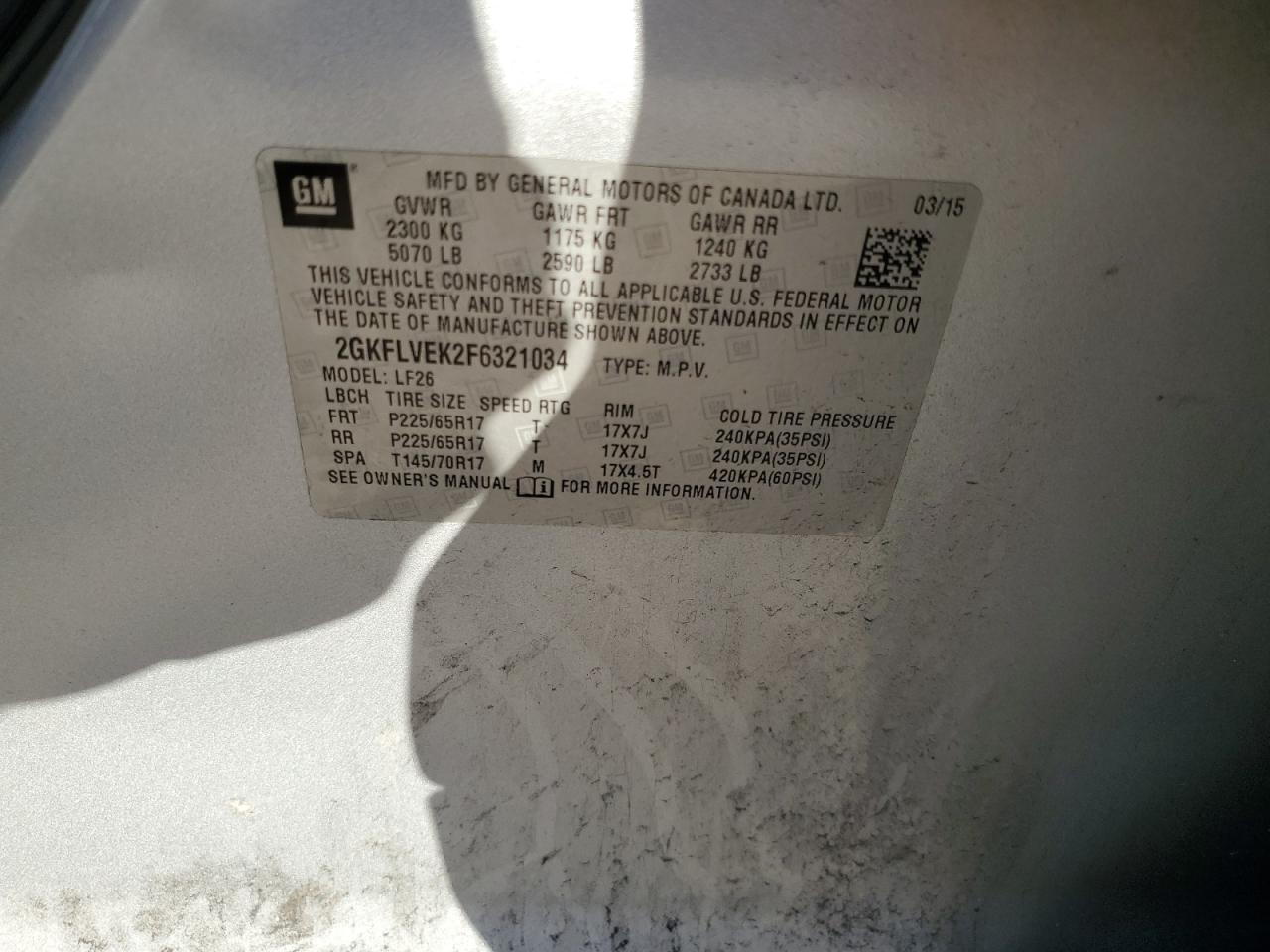 2015 GMC Terrain Sle VIN: 2GKFLVEK2F6321034 Lot: 91168205