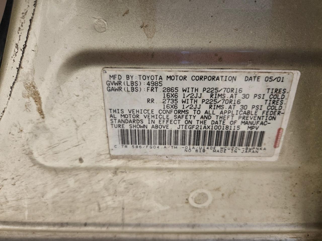 2001 Toyota Highlander VIN: JTEGF21AX10018115 Lot: 94440105