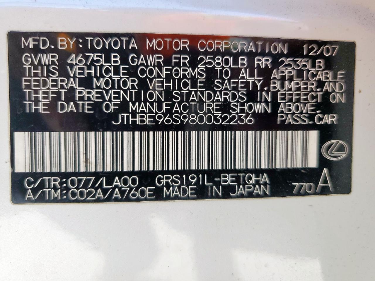 2008 Lexus Gs 350 VIN: JTHBE96S980032236 Lot: 91795695