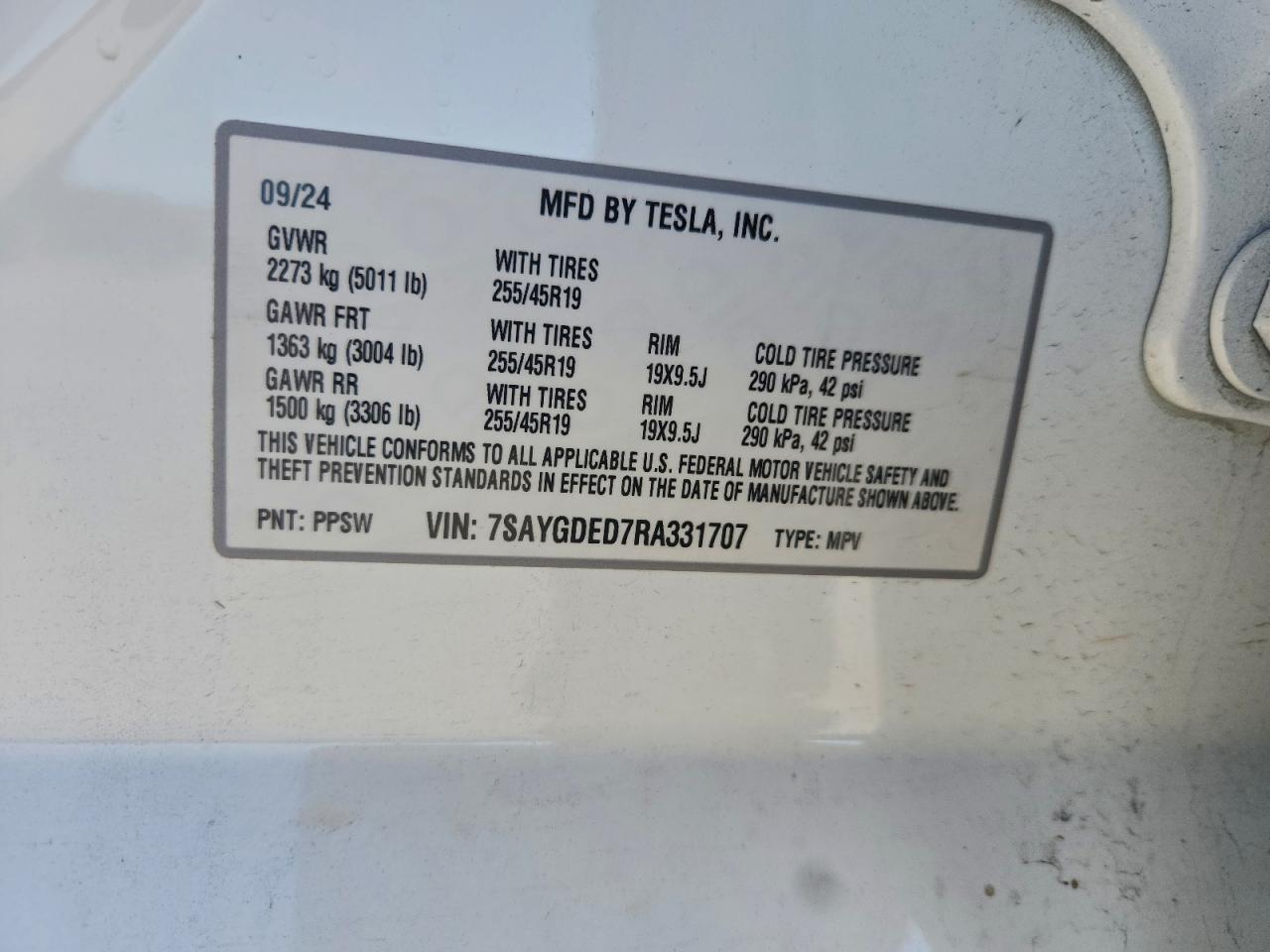 2024 Tesla Model Y VIN: 7SAYGDED7RA331707 Lot: 94265915