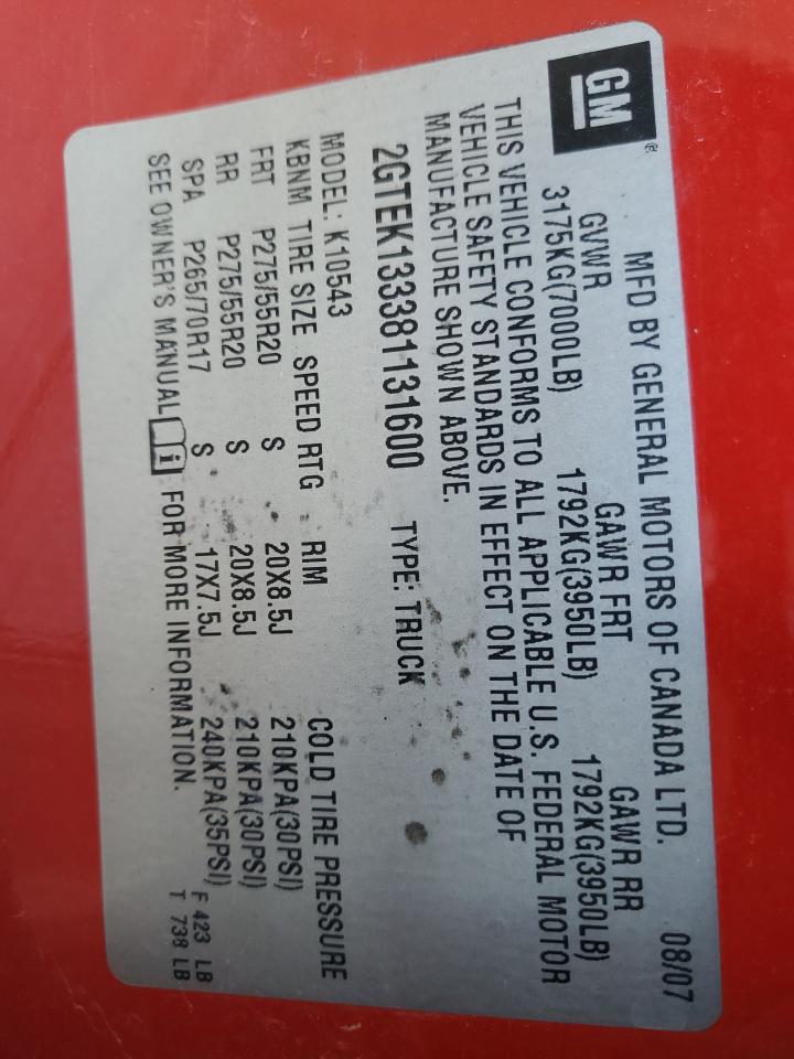 2008 GMC Sierra K1500 VIN: 2GTEK133381131600 Lot: 91772585