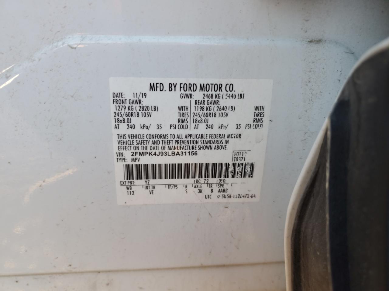 2020 Ford Edge Sel VIN: 2FMPK4J93LBA31156 Lot: 92371545