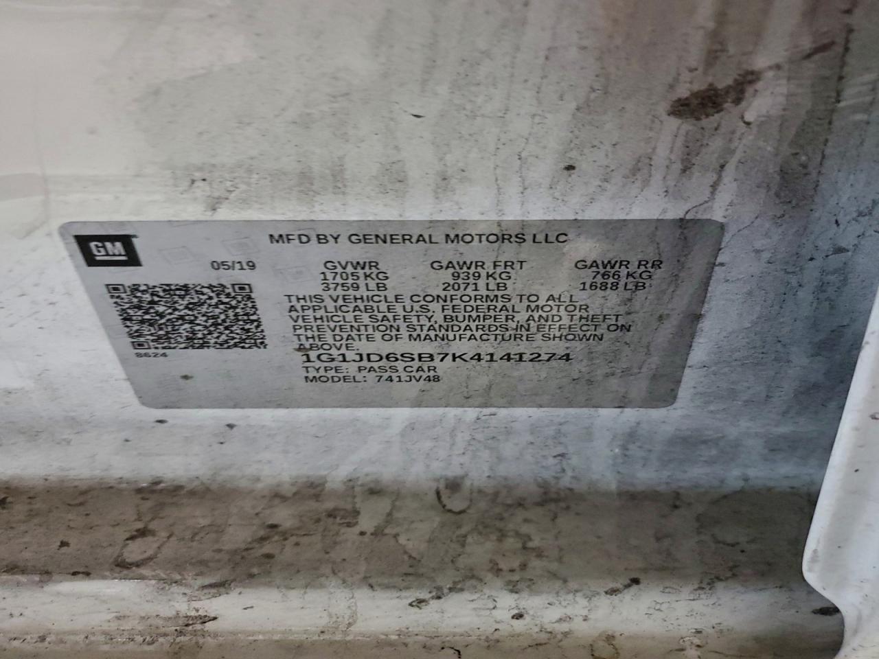 2019 Chevrolet Sonic Lt VIN: 1G1JD6SB7K4141274 Lot: 93773975