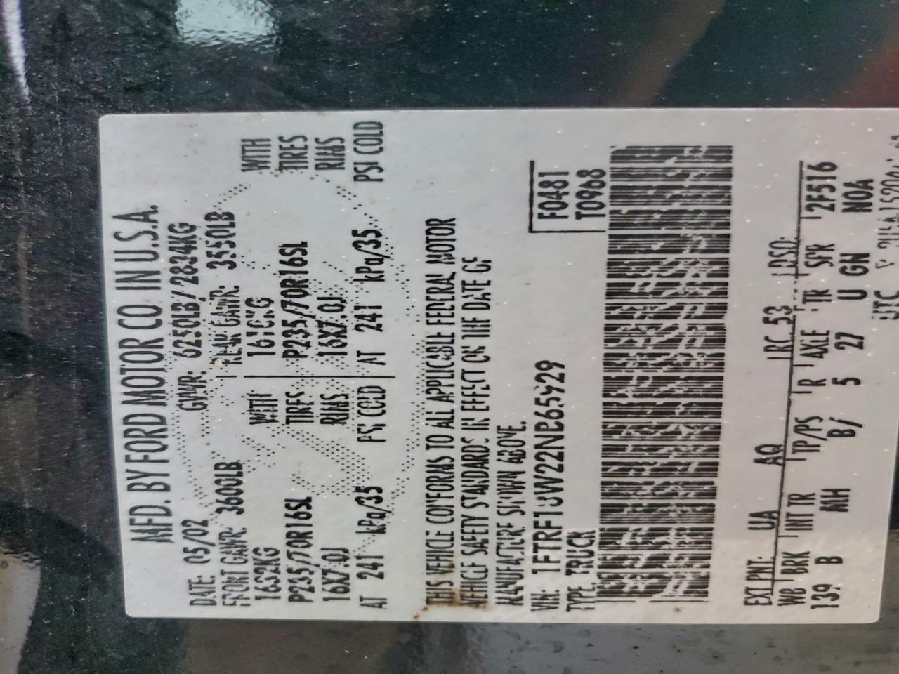 2002 Ford F150 VIN: 1FTRF18W22NB65929 Lot: 93751555