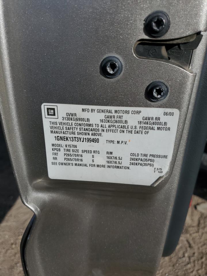 2000 Chevrolet Tahoe K1500 VIN: 1GNEK13T3YJ199490 Lot: 90755965