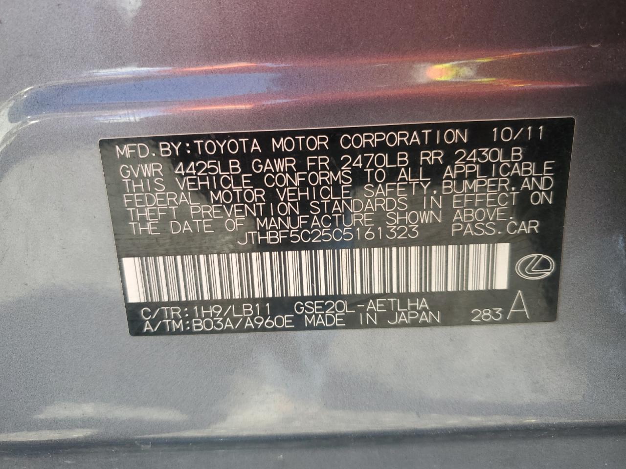 2012 Lexus Is 250 VIN: JTHBF5C25C5161323 Lot: 92353975