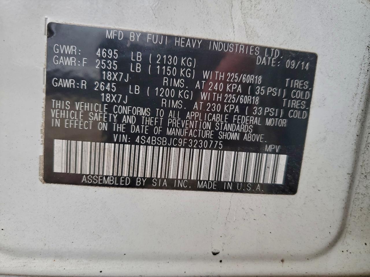 2015 Subaru Outback 2.5I Limited VIN: 4S4BSBJC9F3230775 Lot: 94044155