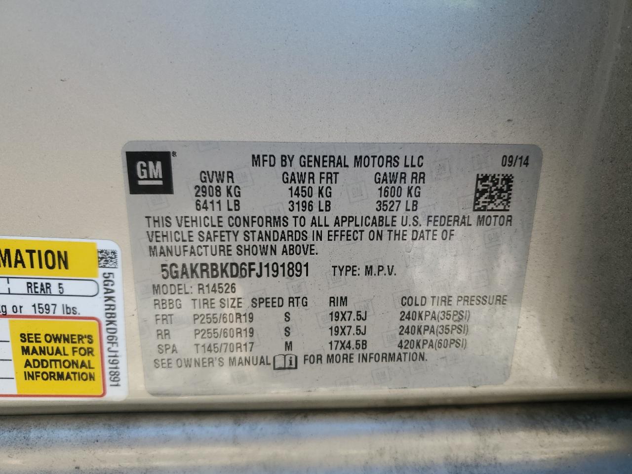 2015 Buick Enclave VIN: 5GAKRBKD6FJ191891 Lot: 91851735