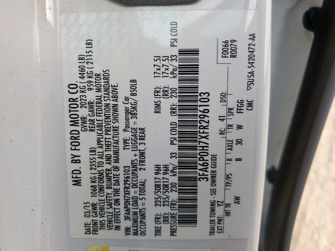 2015 Ford Fusion Se VIN: 3FA6P0H7XFR296103 Lot: 92268995