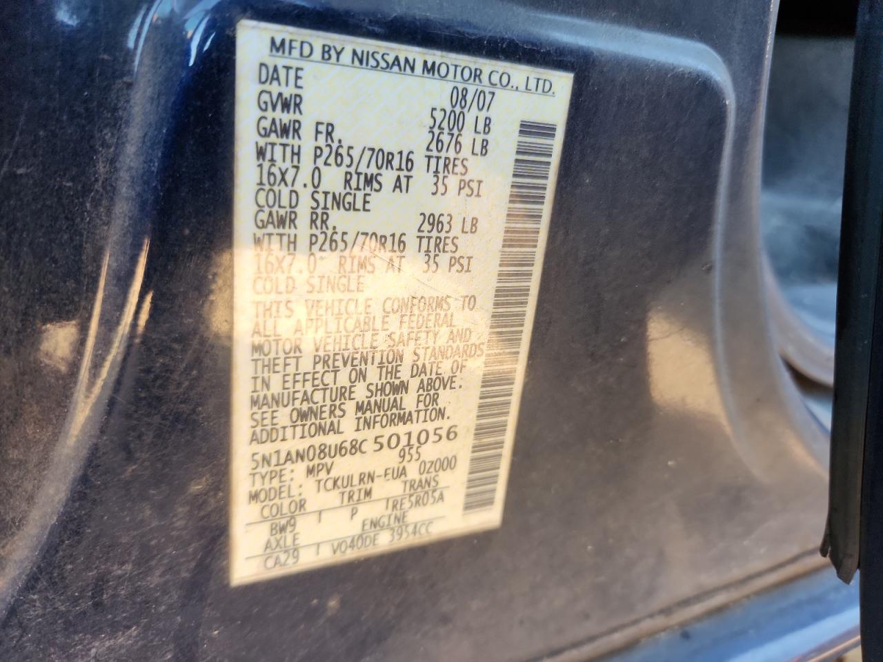 2008 Nissan Xterra Off Road VIN: 5N1AN08U68C501056 Lot: 93140815