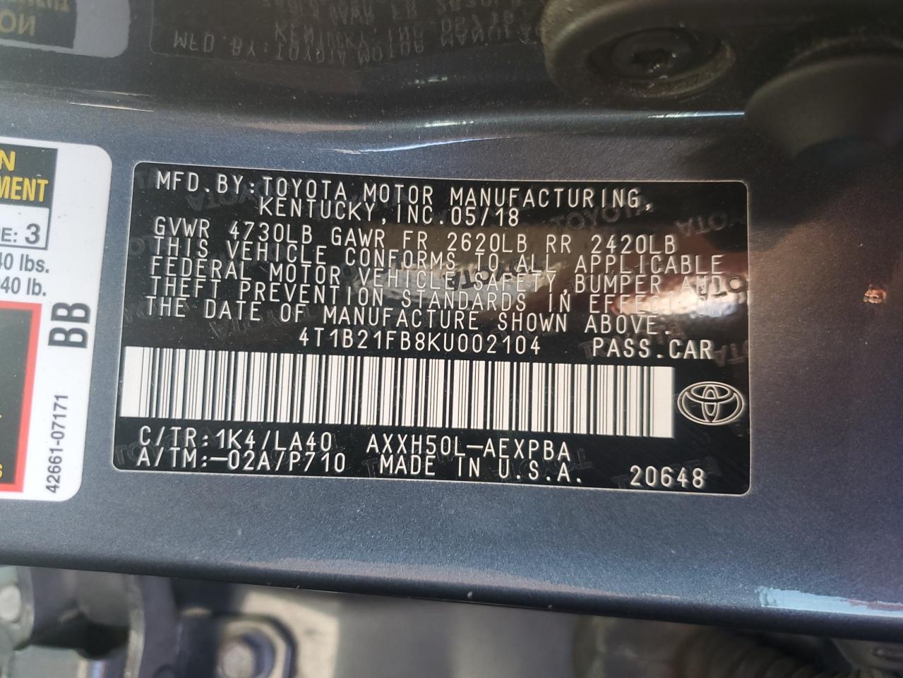 2019 Toyota Avalon Xle VIN: 4T1B21FB8KU002104 Lot: 91186635