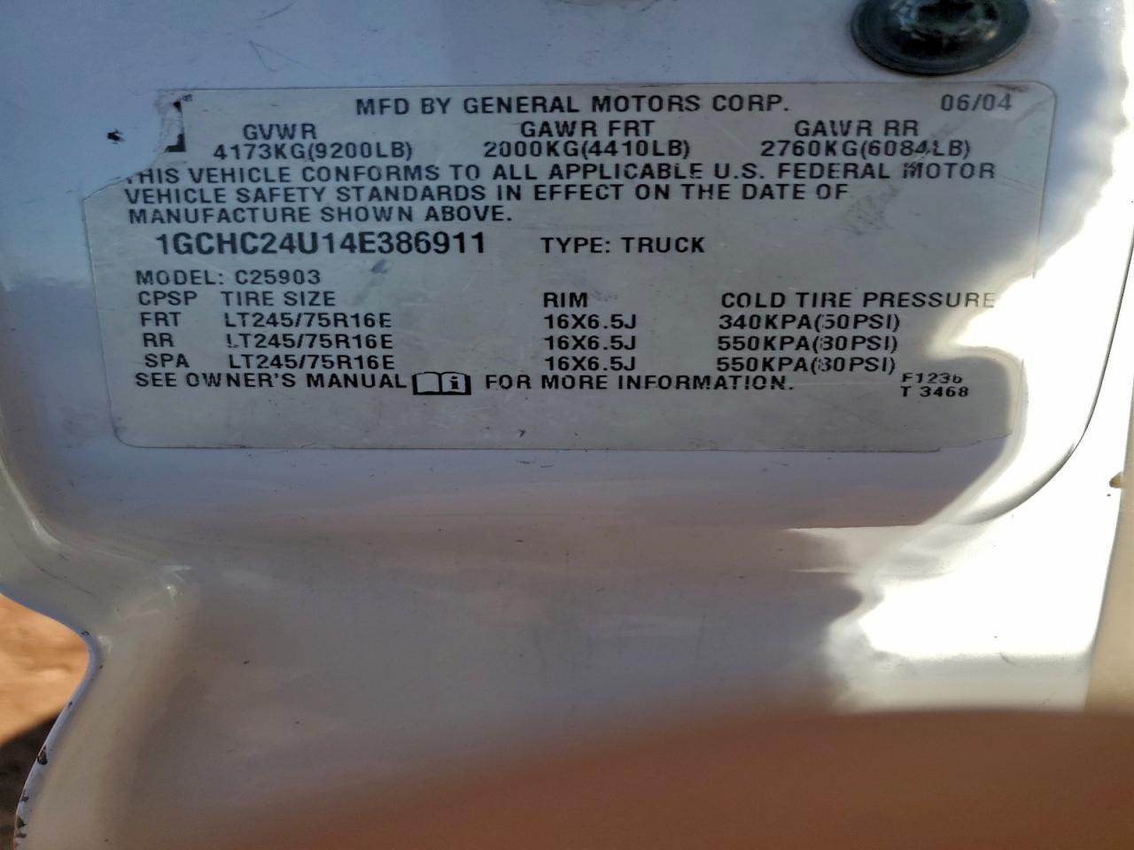 2004 Chevrolet Silverado C2500 Heavy Duty VIN: 1GCHC24U14E386911 Lot: 94688525