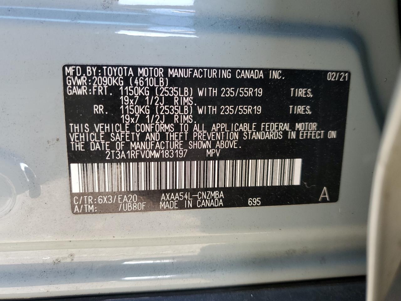 2021 Toyota Rav4 Xle Premium VIN: 2T3A1RFV0MW183197 Lot: 92445955