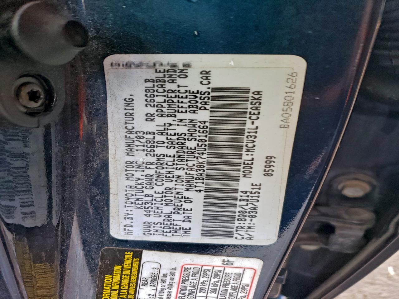 2004 Toyota Camry Se VIN: 4T1BA30K74U501664 Lot: 94729025