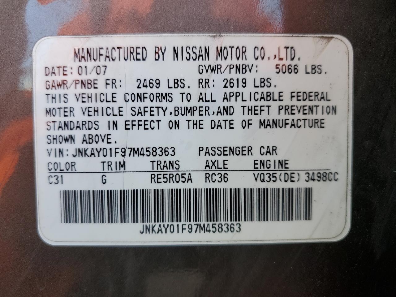 2007 Infiniti M35 Base VIN: JNKAY01F97M458363 Lot: 91467065