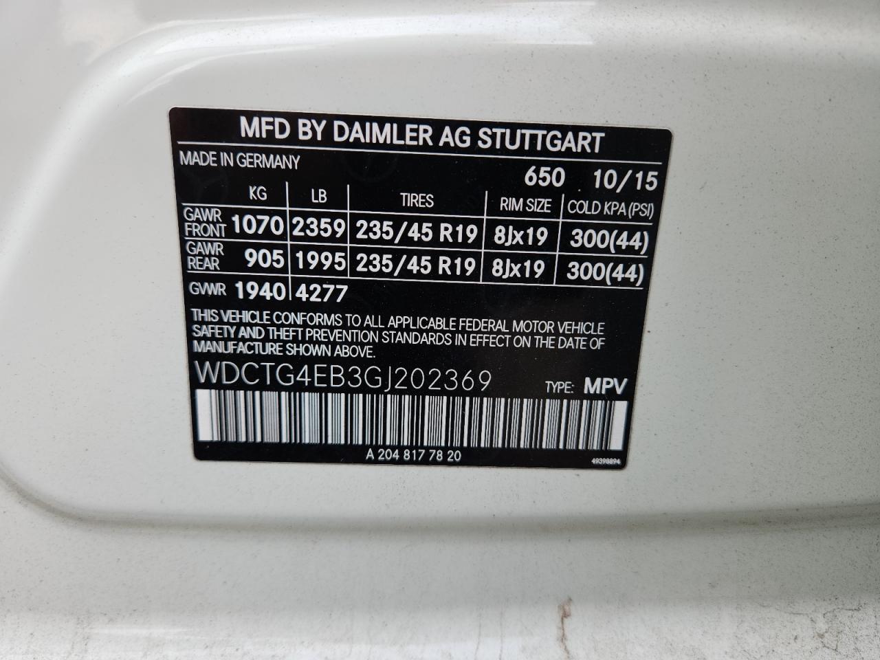 2016 Mercedes-Benz Gla 250 VIN: WDCTG4EB3GJ202369 Lot: 92783315