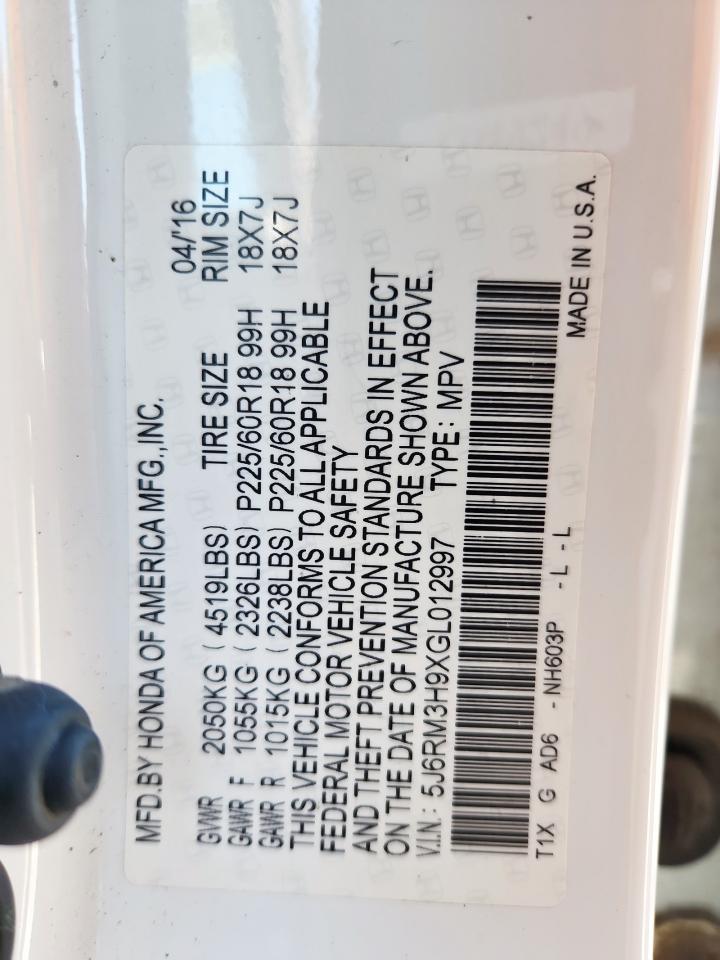 2016 Honda Cr-V Touring VIN: 5J6RM3H9XGL012997 Lot: 92107865