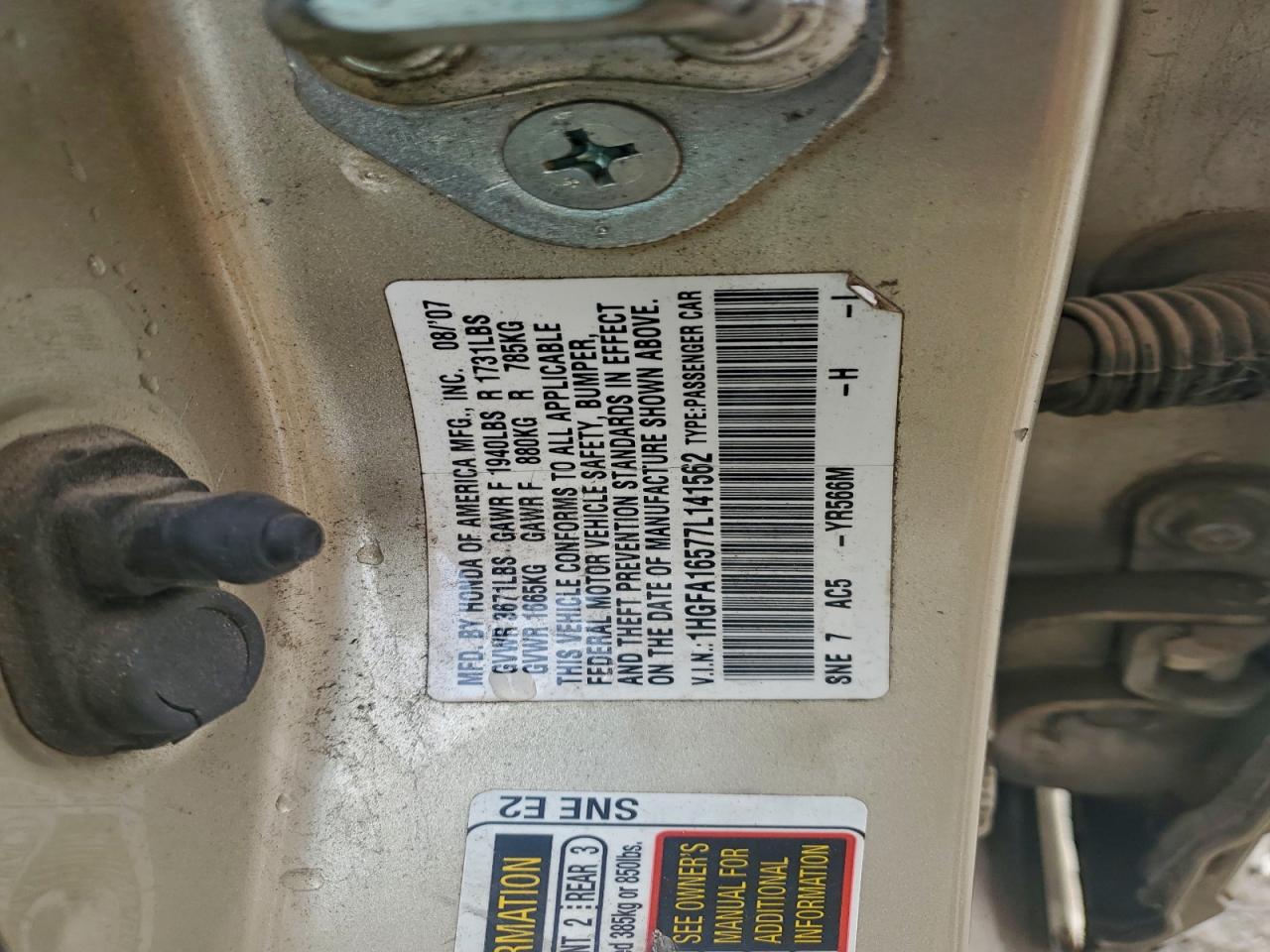 2007 Honda Civic Lx VIN: 1HGFA16577L141562 Lot: 93779495