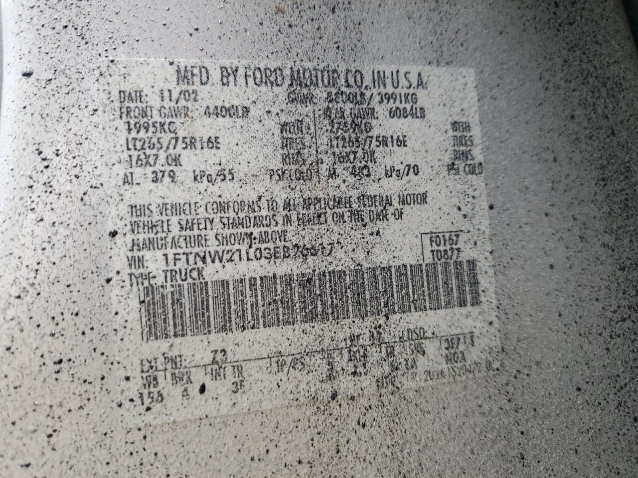 2003 Ford F250 Super Duty VIN: 1FTNW21L03EB26617 Lot: 91264255