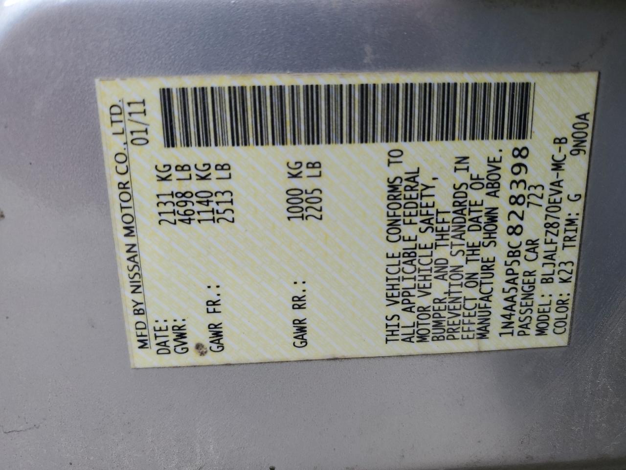 2011 Nissan Maxima S VIN: 1N4AA5AP5BC828398 Lot: 92033975