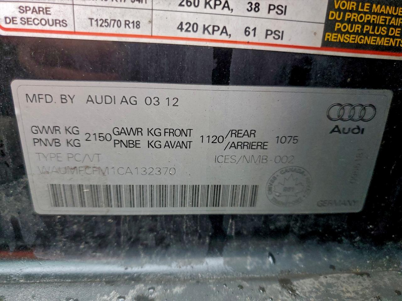 2012 Audi A3 Premium Plus VIN: WAUMFCFM1CA132370 Lot: 93972055