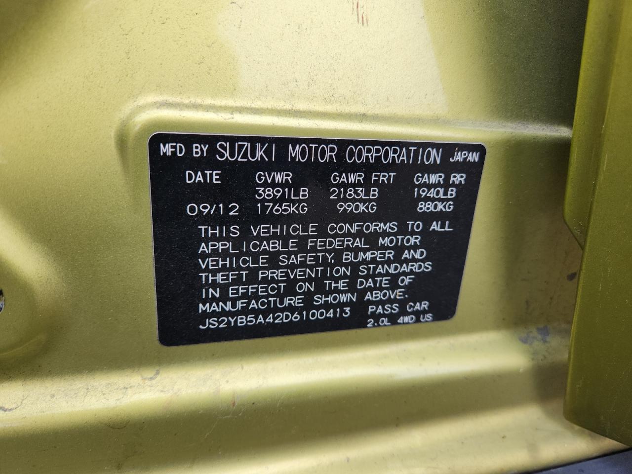 2013 Suzuki Sx4 Technology VIN: JS2YB5A42D6100413 Lot: 93344115