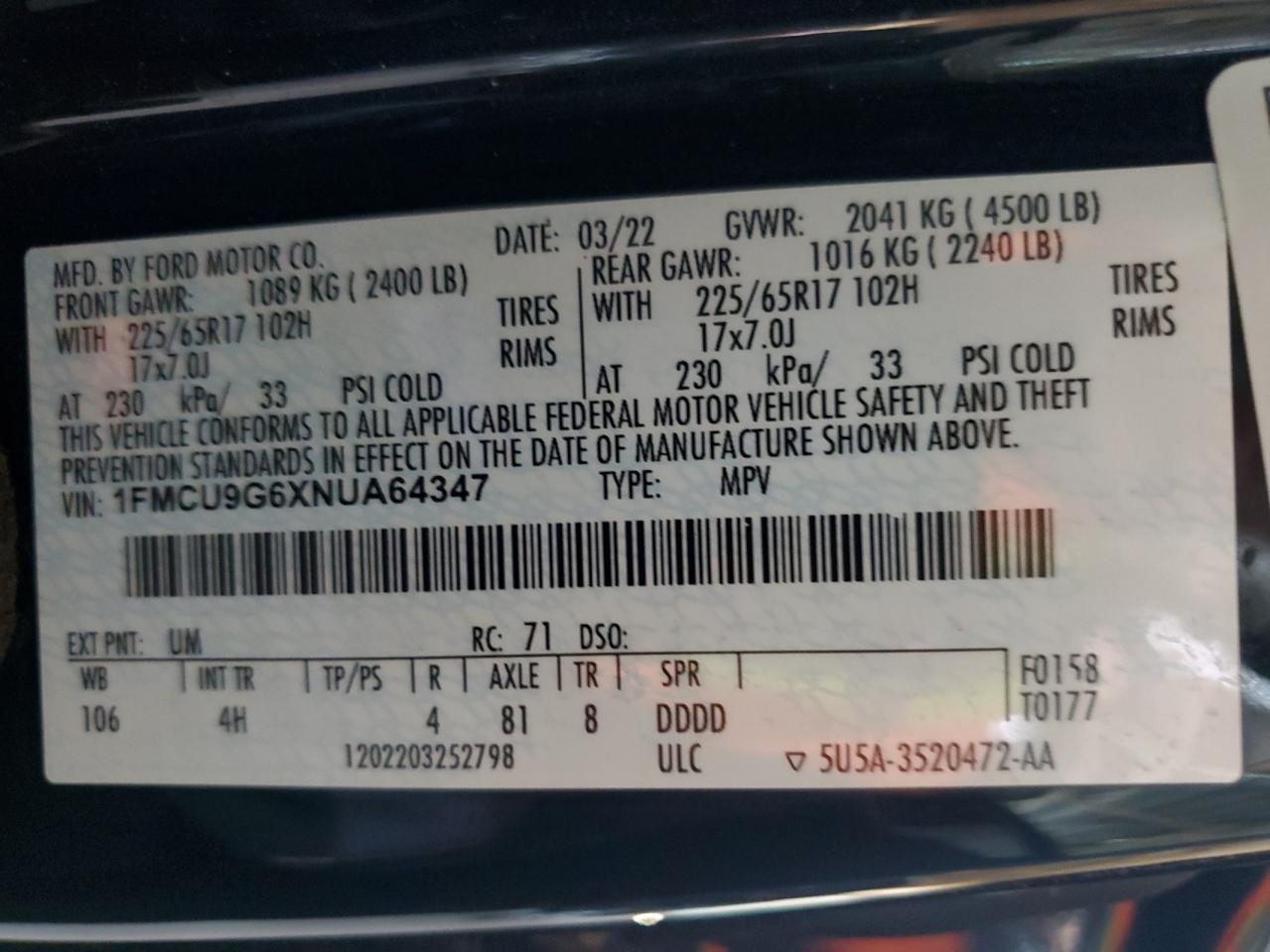 2022 Ford Escape Se VIN: 1FMCU9G6XNUA64347 Lot: 91647045