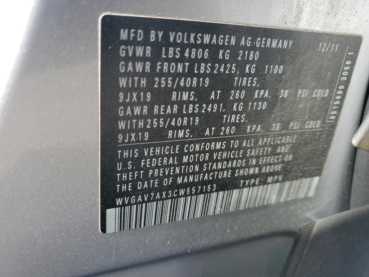 2012 Volkswagen Tiguan S VIN: WVGAV7AX3CW557153 Lot: 93048795