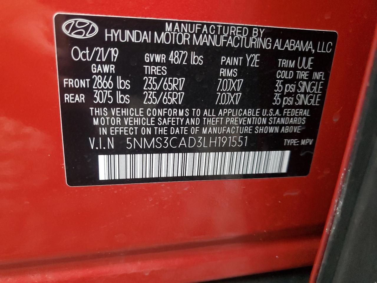 2020 Hyundai Santa Fe Sel VIN: 5NMS3CAD3LH191551 Lot: 91676595