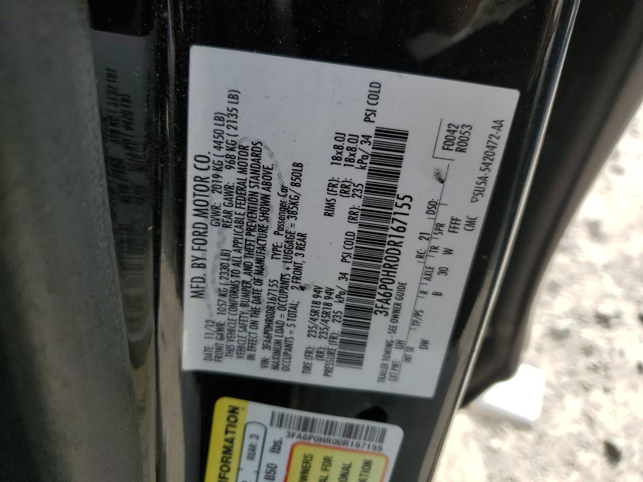 2013 Ford Fusion Se VIN: 3FA6P0HR0DR167155 Lot: 91328565