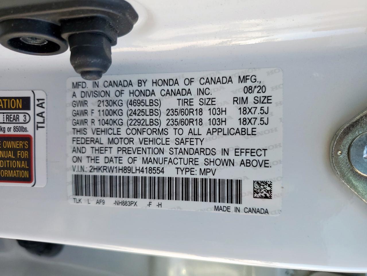 2020 Honda Cr-V Exl VIN: 2HKRW1H89LH418554 Lot: 91263365