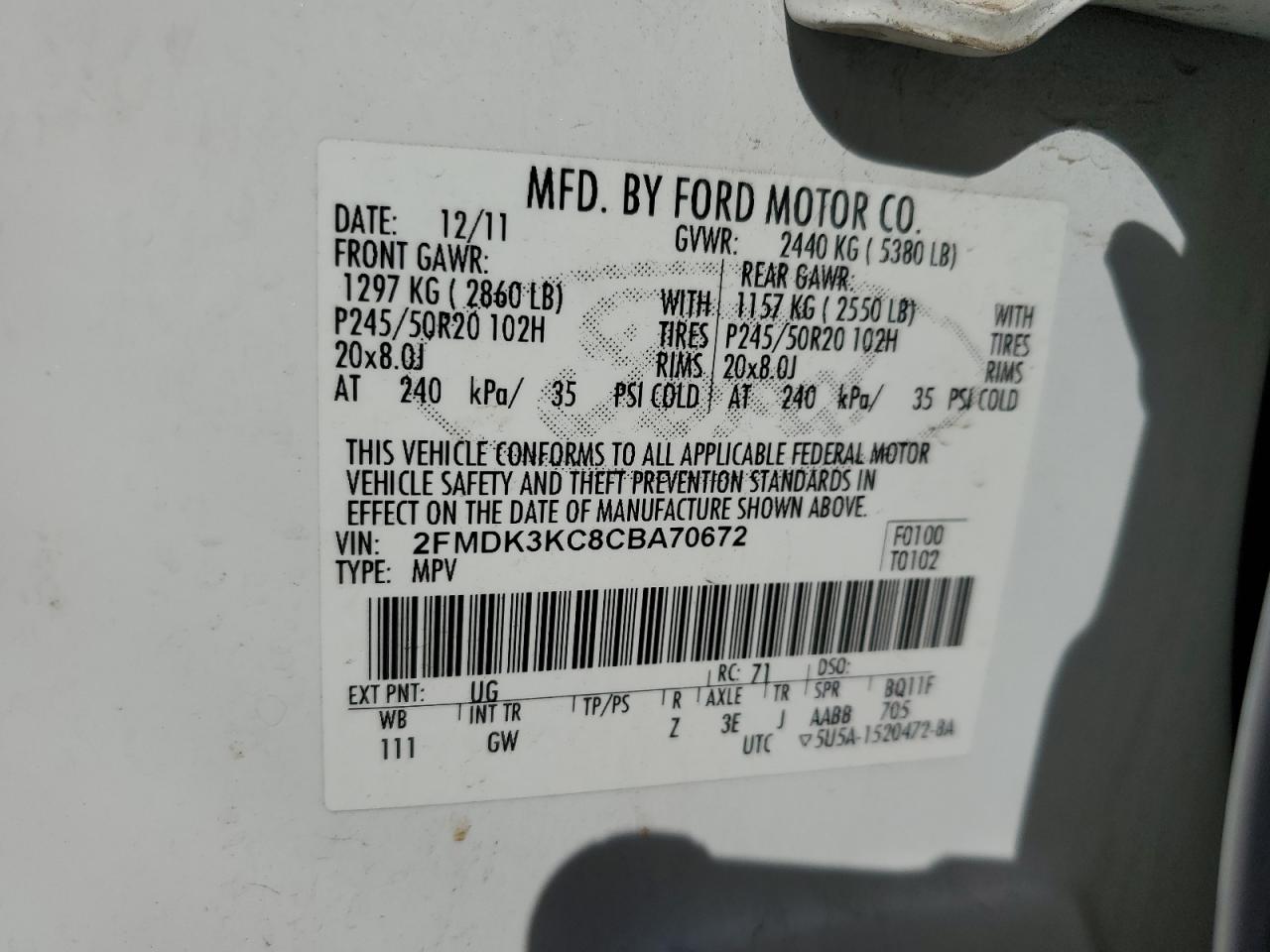 2012 Ford Edge Limited VIN: 2FMDK3KC8CBA70672 Lot: 92721765