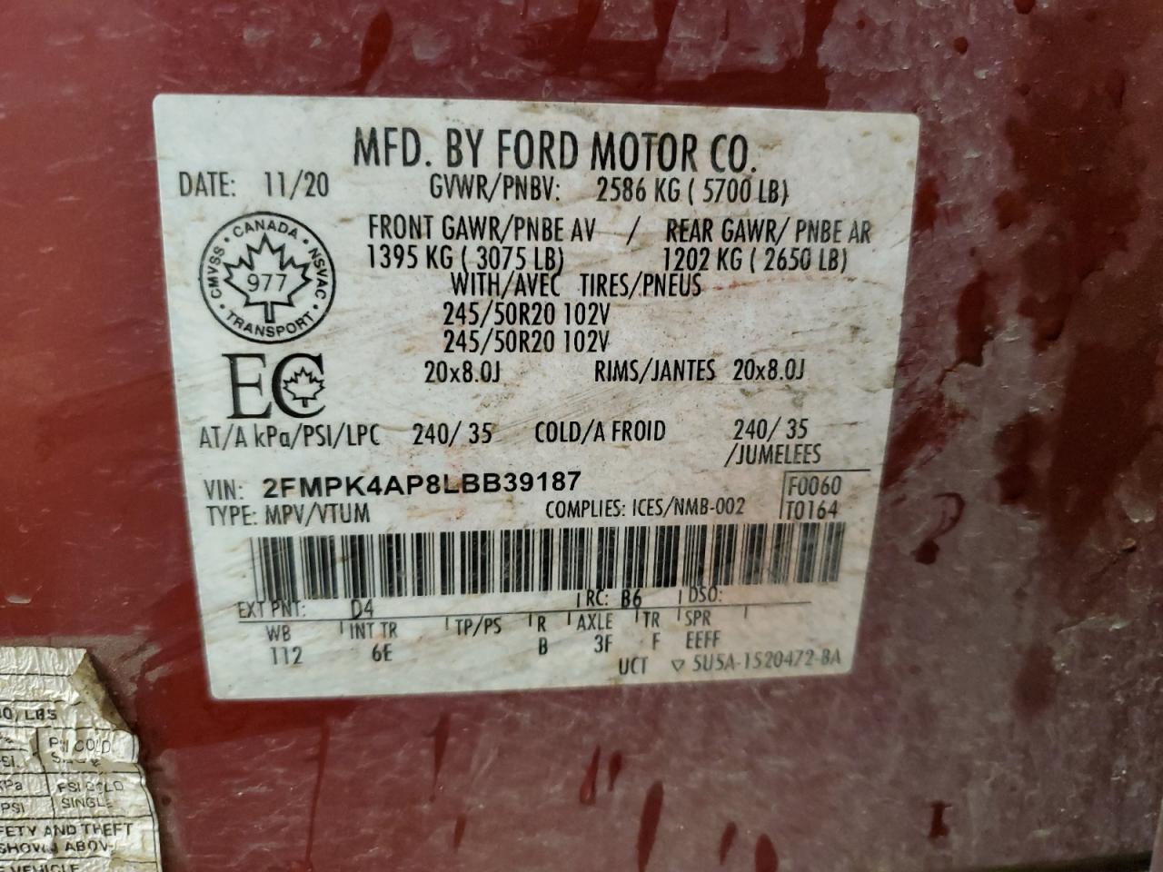 2020 Ford Edge St VIN: 2FMPK4AP8LBB39187 Lot: 92856405