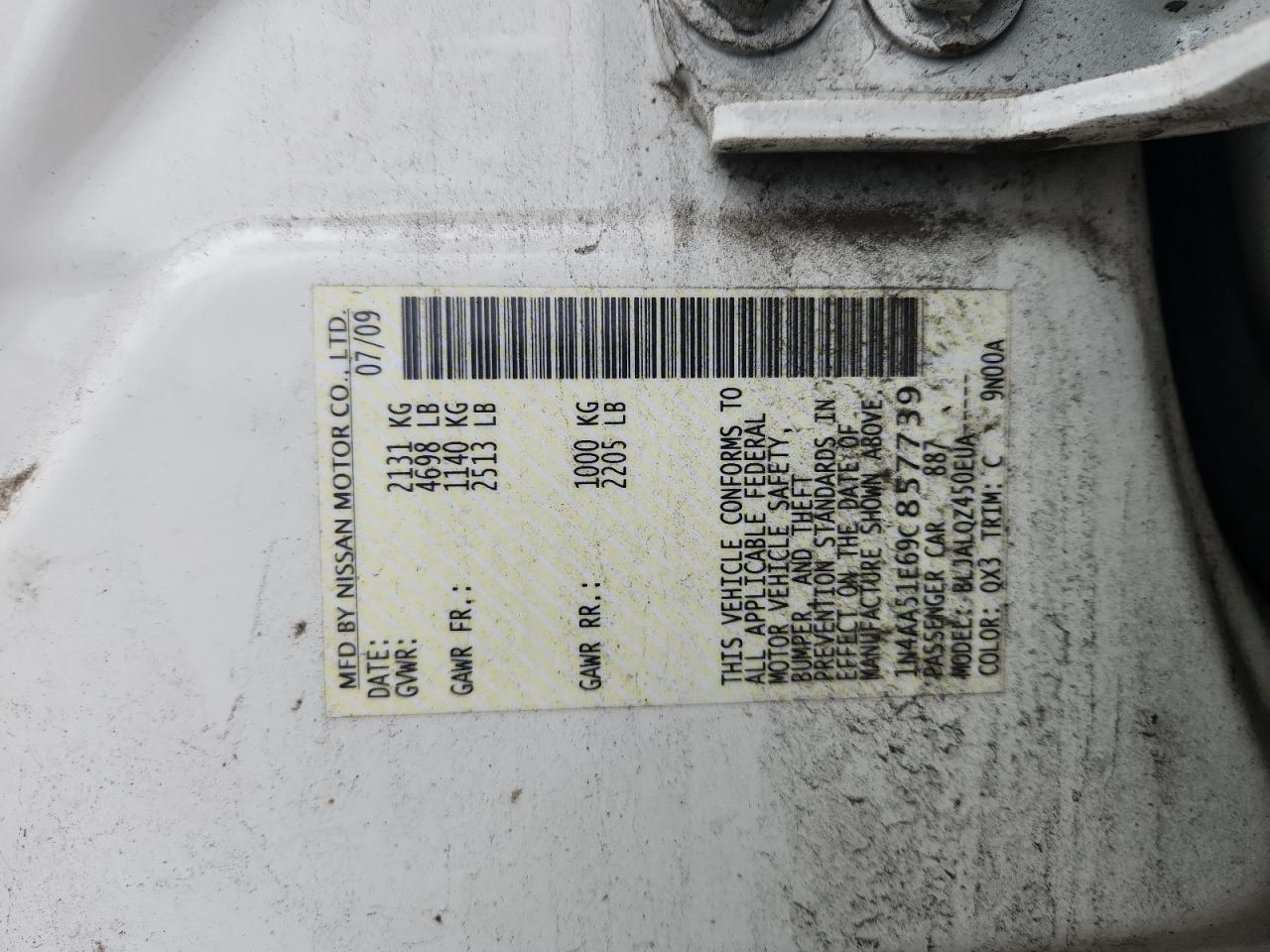 2009 Nissan Maxima S VIN: 1N4AA51E69C857739 Lot: 93082145