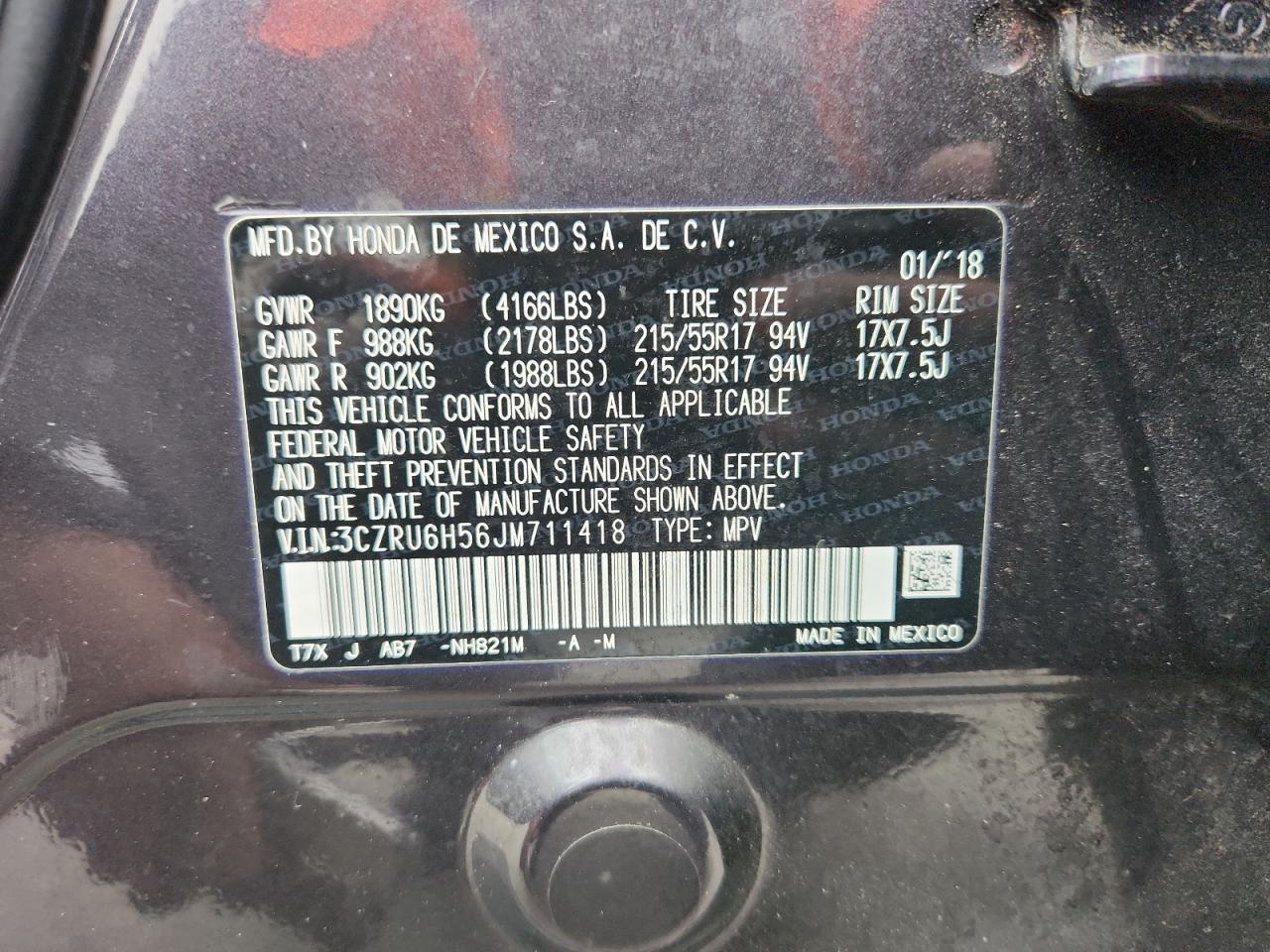 2018 Honda Hr-V Ex VIN: 3CZRU6H56JM711418 Lot: 93644785