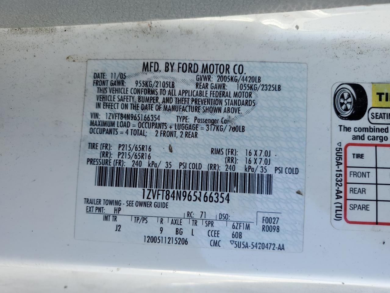 2006 Ford Mustang VIN: 1ZVFT84N965166354 Lot: 92284575