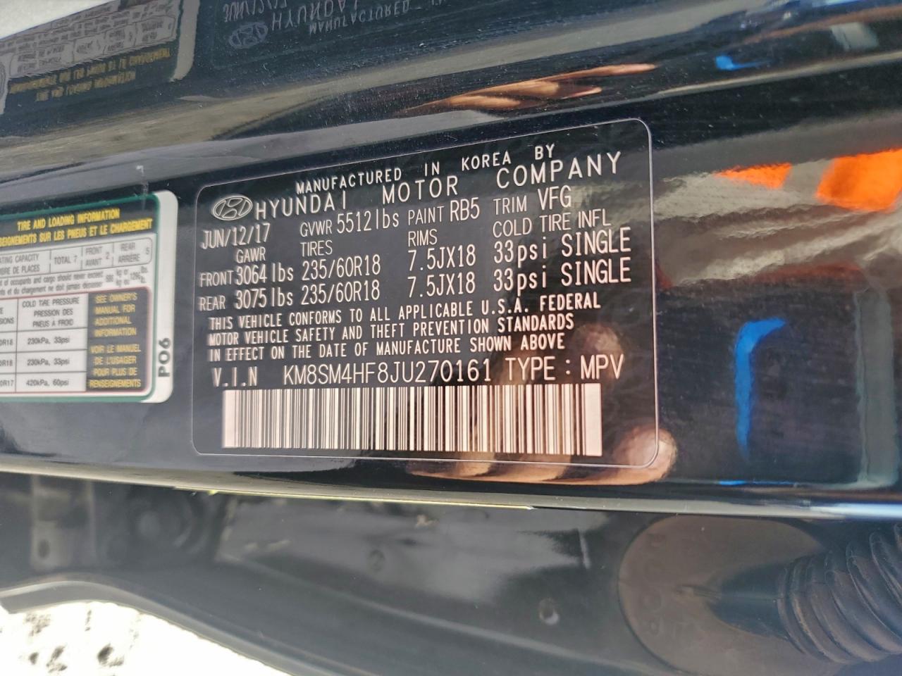 2018 Hyundai Santa Fe Se VIN: KM8SM4HF8JU270161 Lot: 94153805