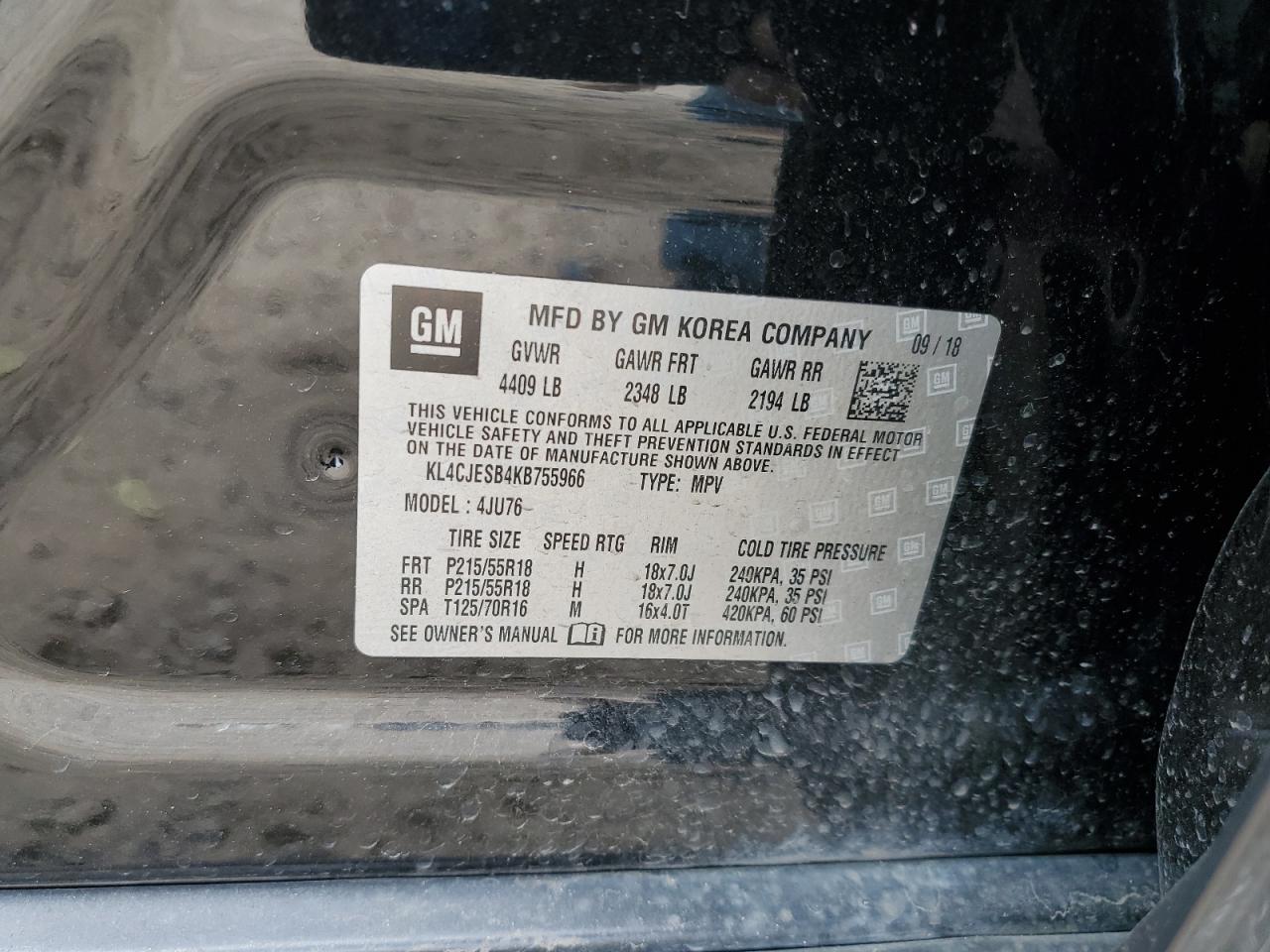 2019 Buick Encore Preferred VIN: KL4CJESB4KB755966 Lot: 91346895