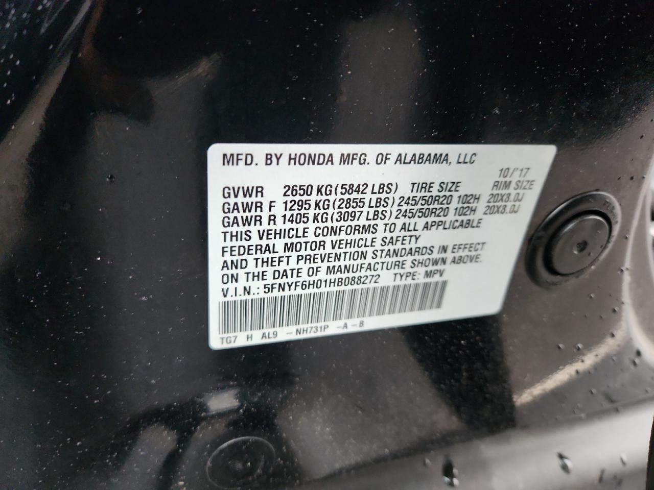 2017 Honda Pilot Elite VIN: 5FNYF6H01HB088272 Lot: 92762485