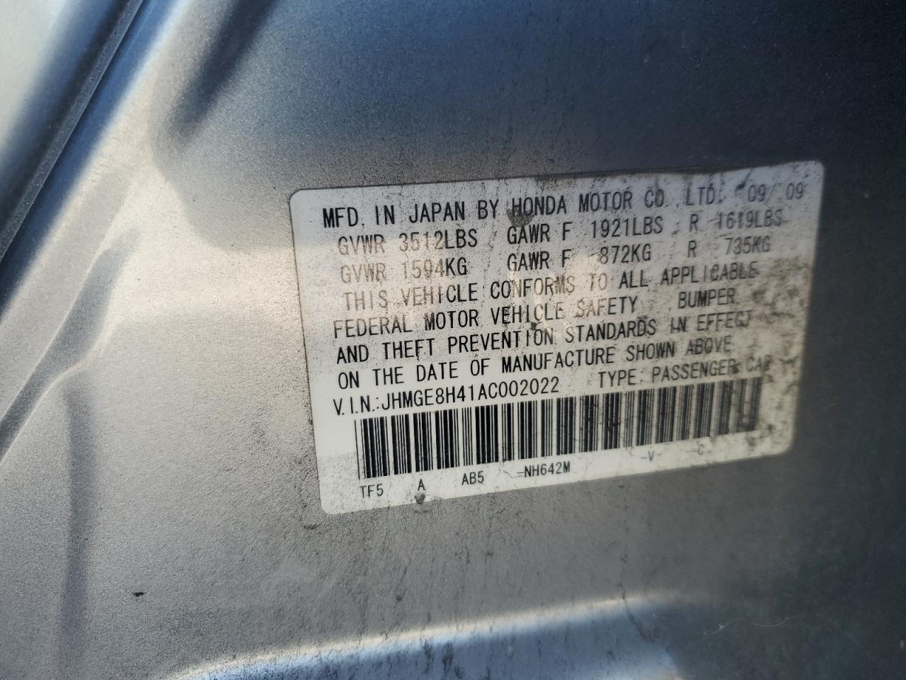 2010 Honda Fit Sport VIN: JHMGE8H41AC002022 Lot: 92957035