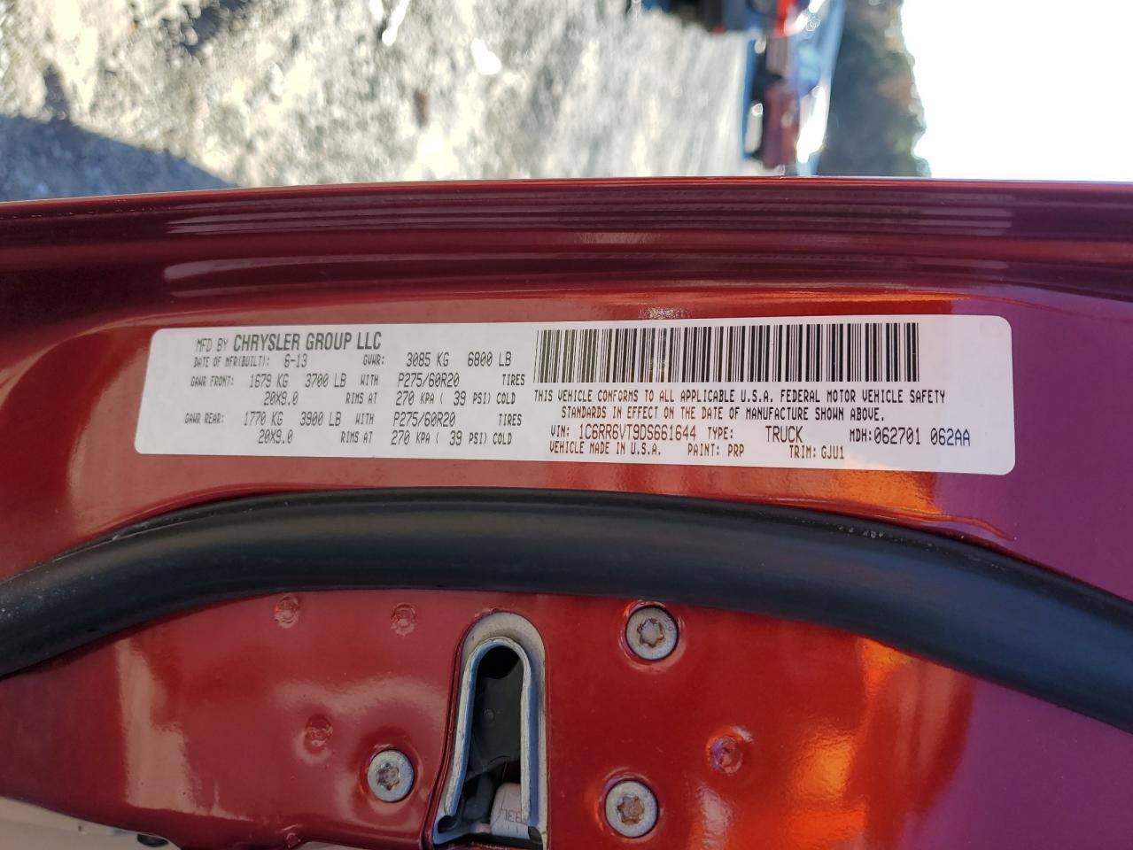 2013 Ram 1500 Laramie VIN: 1C6RR6VT9DS661644 Lot: 92460655