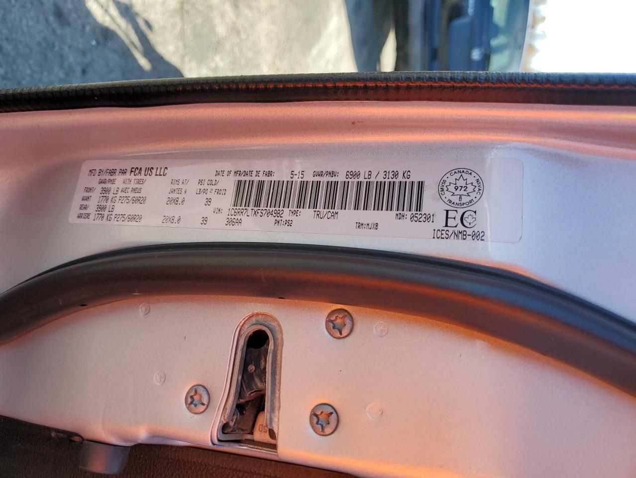 2015 Ram 1500 Slt VIN: 1C6RR7LTXFS704982 Lot: 92261845