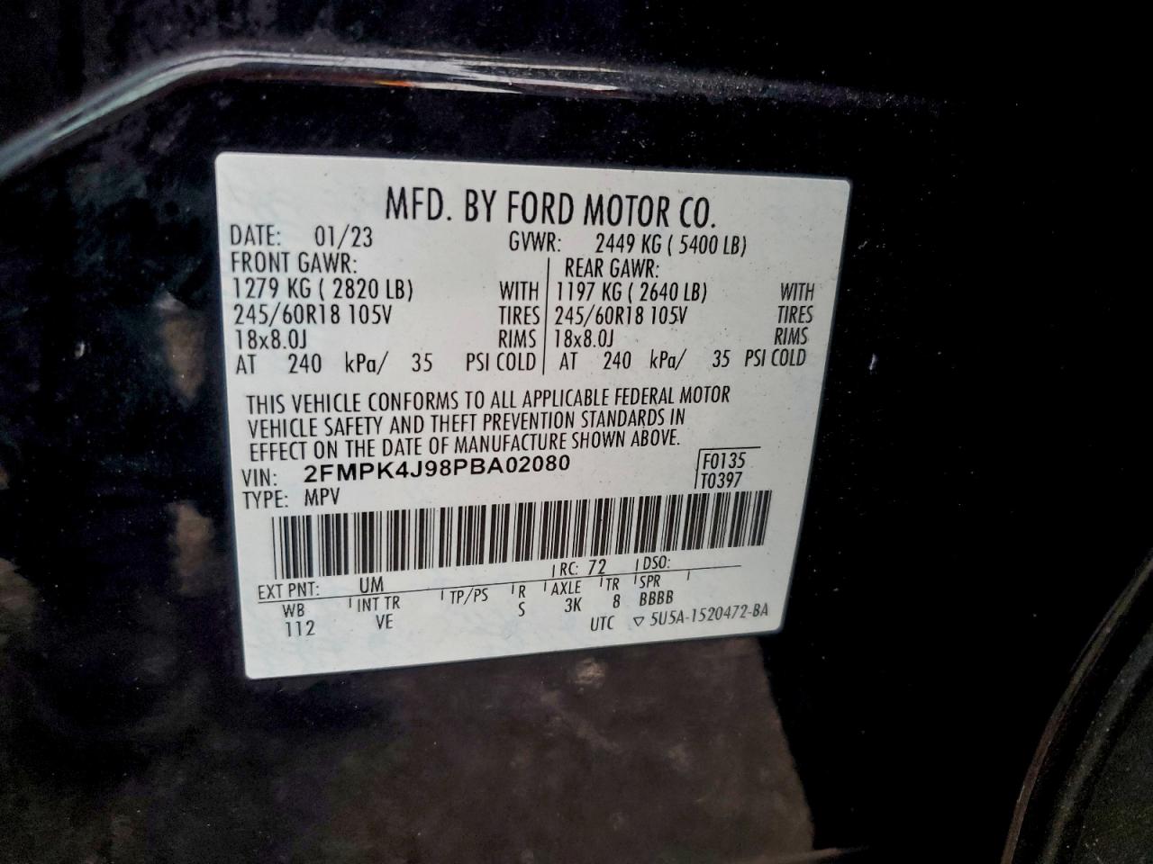 2023 Ford Edge Sel VIN: 2FMPK4J98PBA02080 Lot: 93535705