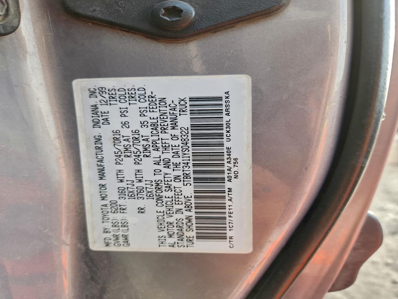 2000 Toyota Tundra Access Cab VIN: 5TBRT3411YS048322 Lot: 94410065