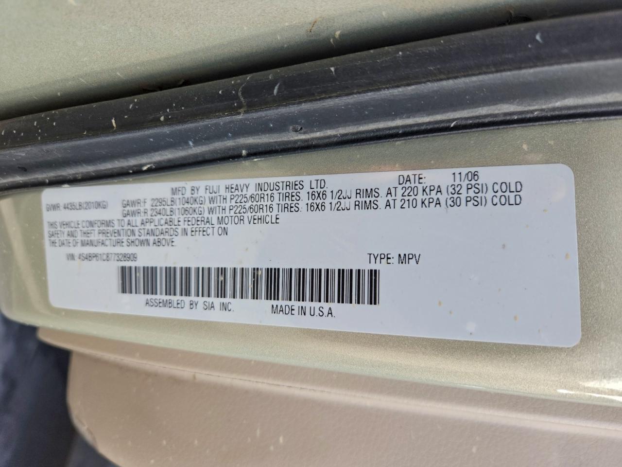 2007 Subaru Outback Outback 2.5I VIN: 4S4BP61C877328909 Lot: 94165205