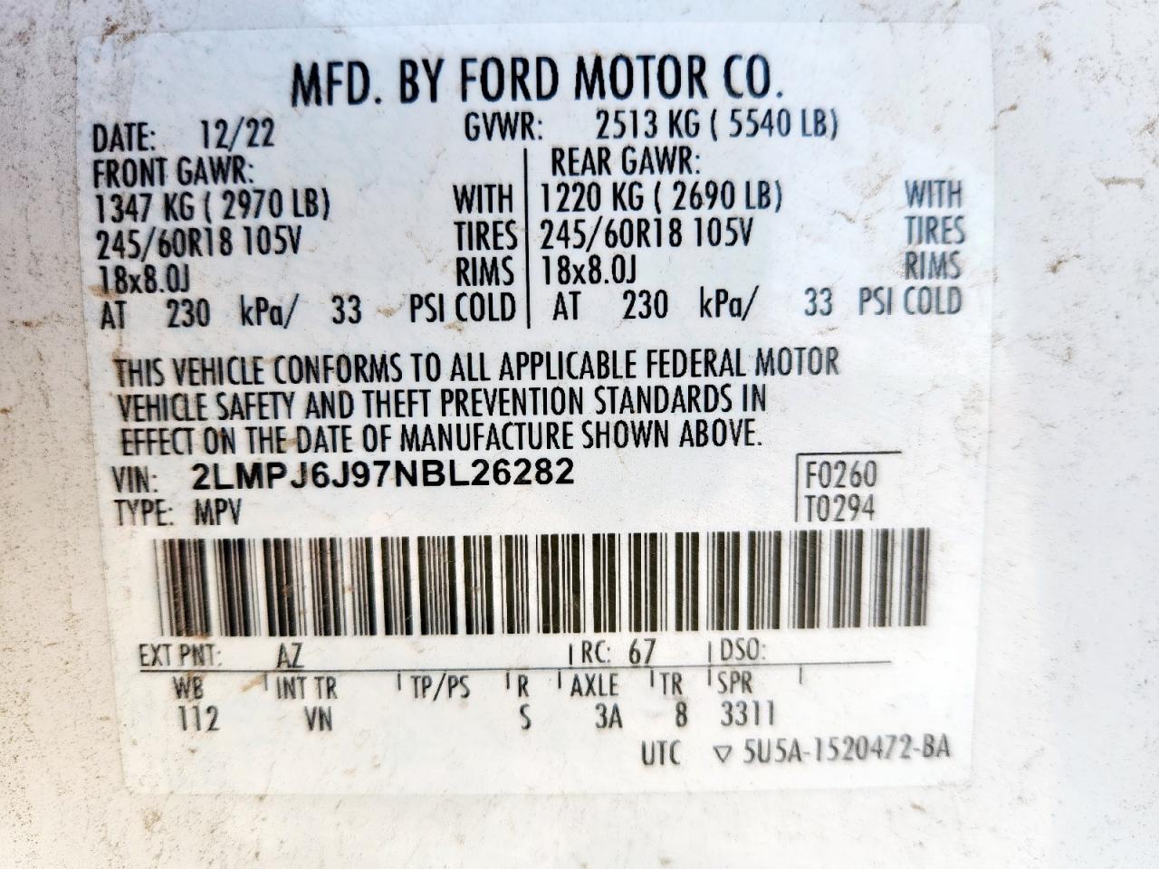 2022 Linc Nautilus Std VIN: 2LMPJ6J97NBL26282 Lot: 91782135