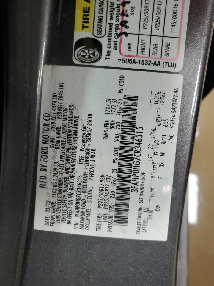 2012 Ford Fusion Se VIN: 3FAHP0HG7CR346315 Lot: 91289515